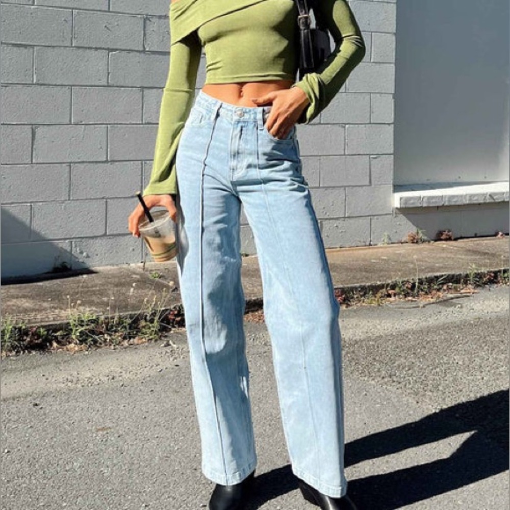 Princess Polly Booran Light Wash Denim Wide Leg Center Seam Jeans